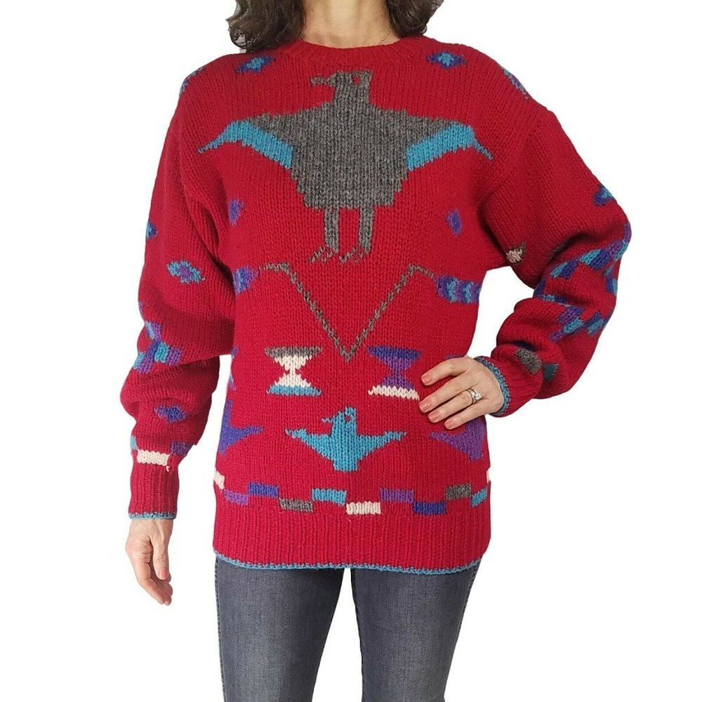 CHAPS Ralph Lauren HandKnit Thunderbird Wool Aztec Navajo Sweater Phoenix Vintag